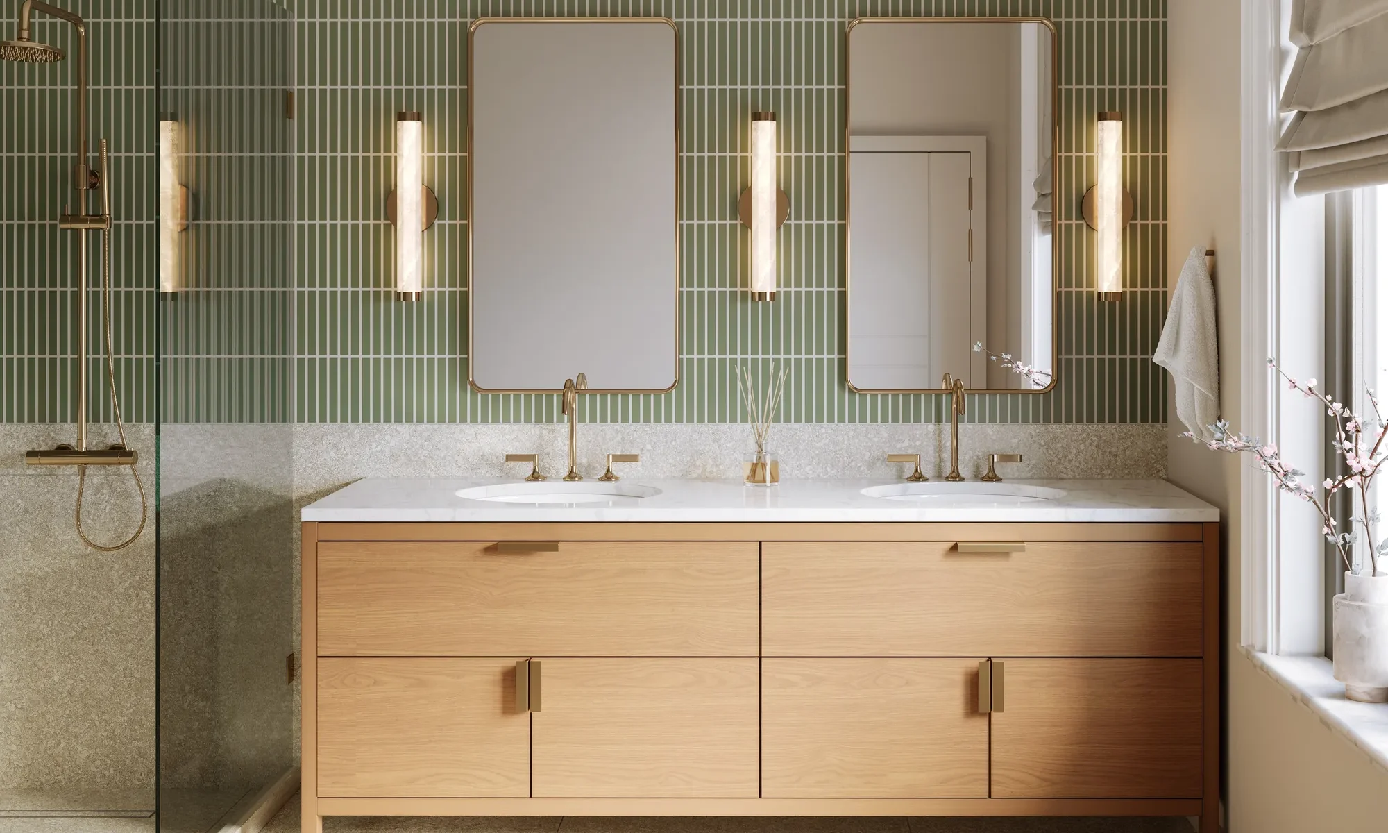 Wood double vanity with gold faucets below green stacked wall tile, bathroom remodeling in Wilmette